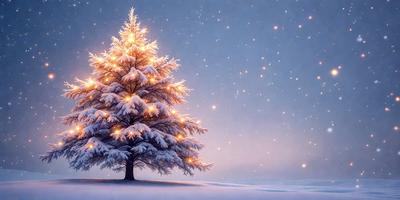 Primary subject: A lit Christmas tree in the snow.

Setting/background: The tree is surrounded by snow, and the sky is filled with stars.

Visual style: The image is a digital art or illustration of a Christmas tree.

Colors and mood: The dominant colors are white and blue, with the white snow and blue sky creating a serene and festive atmosphere.